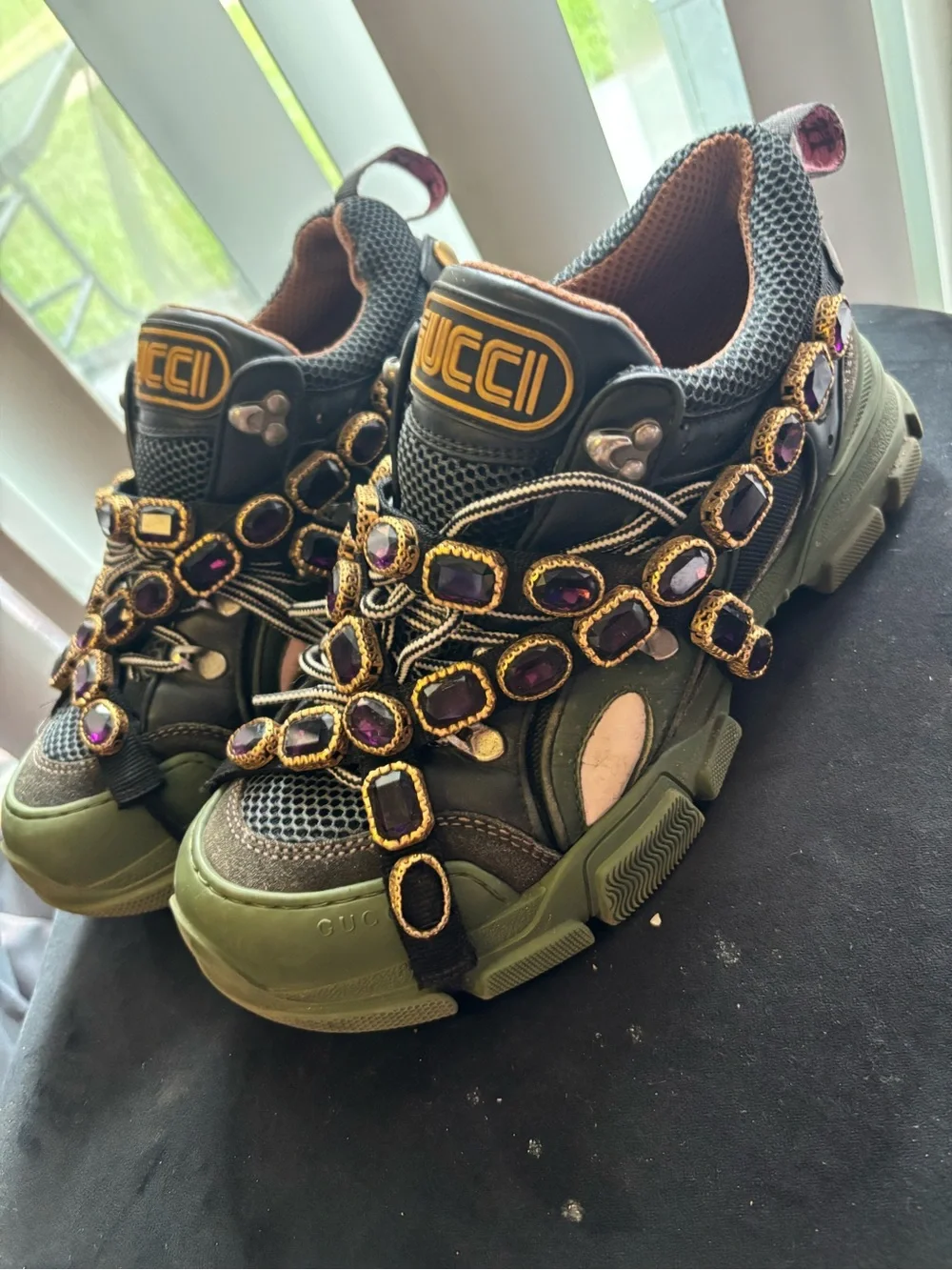 GUCCI men Green and Purple Embellished with crystal Sneaker